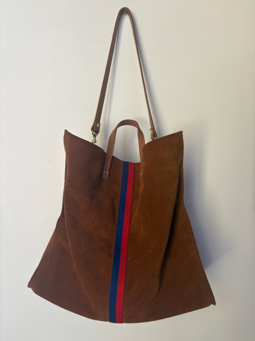 Clare V. Brown Suede Tote with Red and Blue Stripe